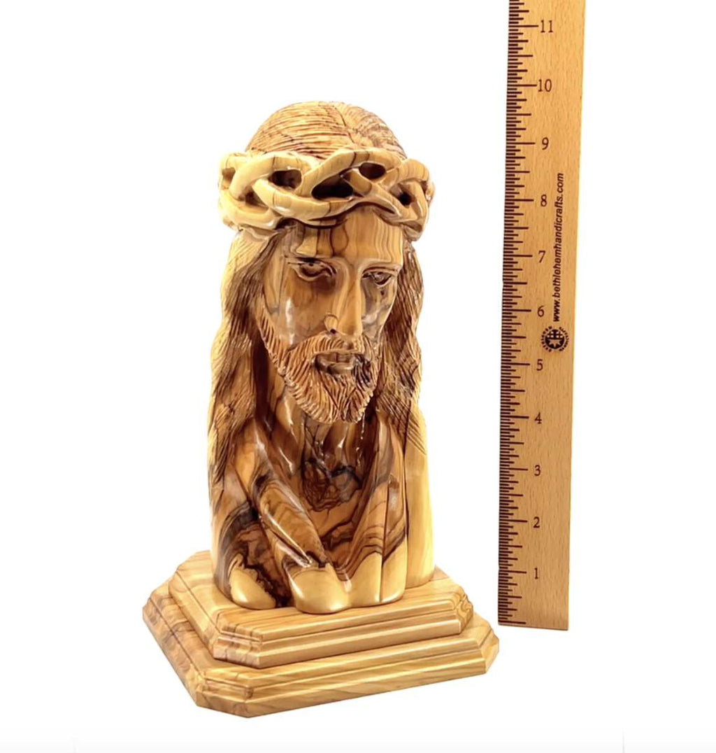 Jesus Christ statue hand carved from Bethlehem olive wood, 9.8 inch close detail of the hand carved work