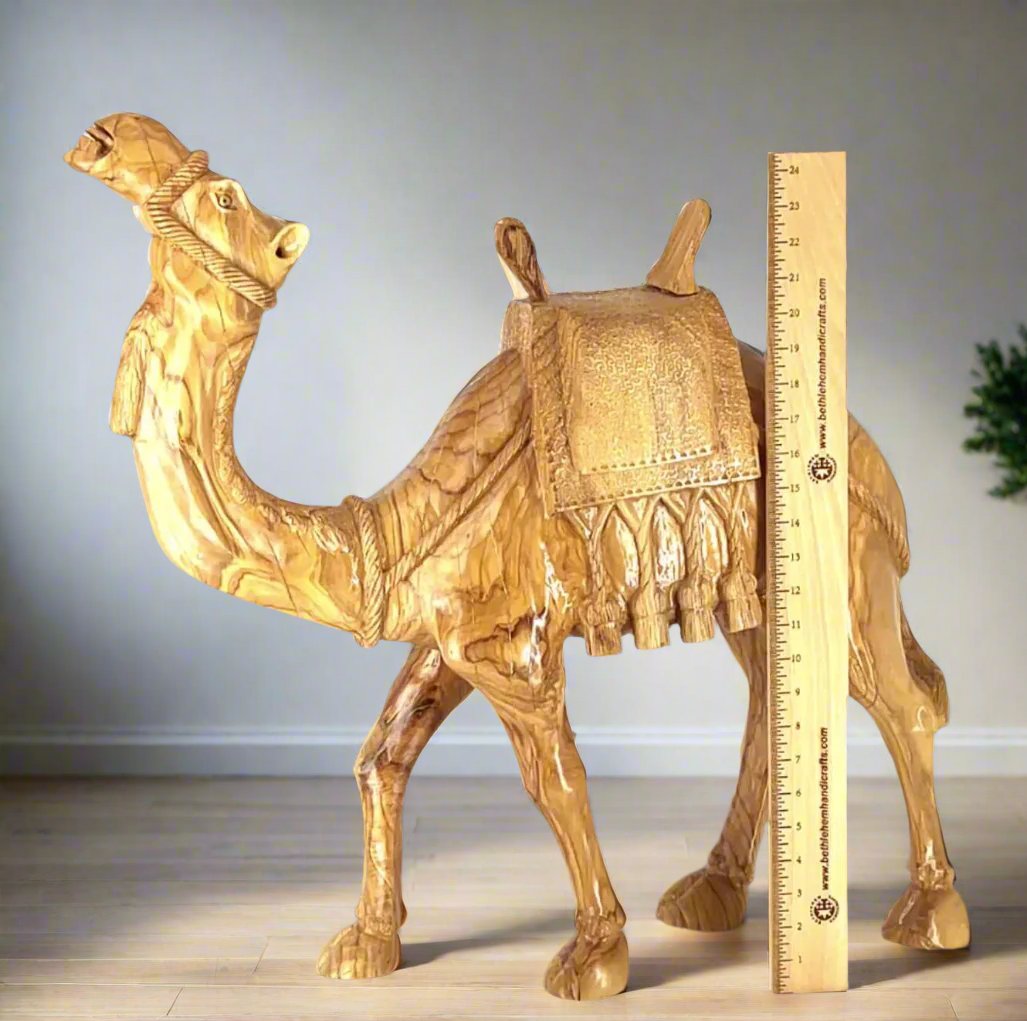 Camel Masterpiece Carving, 26" Tall, Large Olive Wood from Holy Land