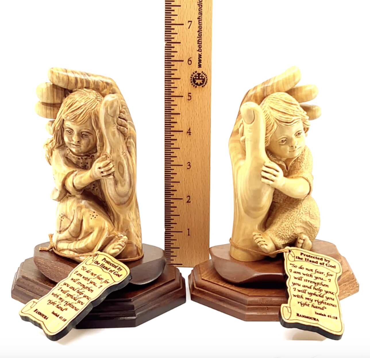 Pair of 2, "Protected by the Hand of God" with Baby Girl and Boy Carvings, 6.5" Olive Wood