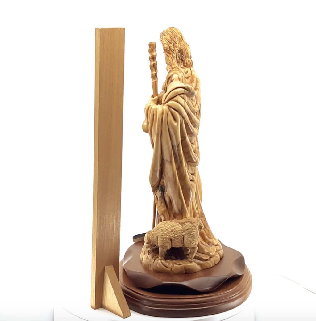 Jesus Christ "The Good Shepherd" Statue, 12.6" Carved from Holy Land Olive Wood in Bethlehem