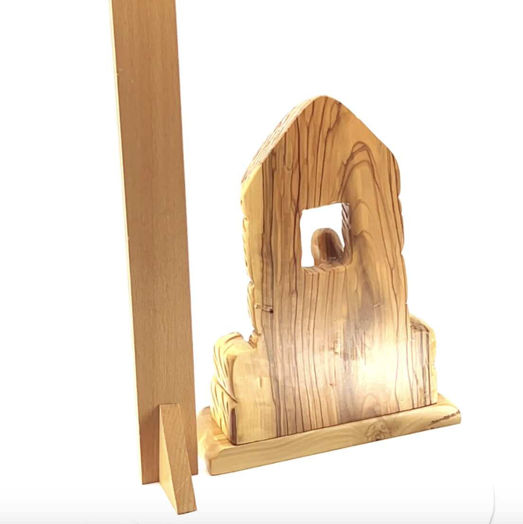 Olive wood nativity scene hand carved in Bethlehem, 8.5 inch top angle showing detail of the craftsmanship
