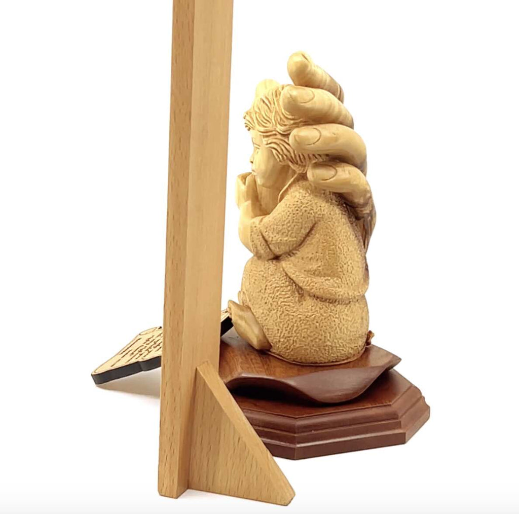 religious olive wood statue hand carved in Bethlehem, 6.5 inch three quarter view of the religious piece