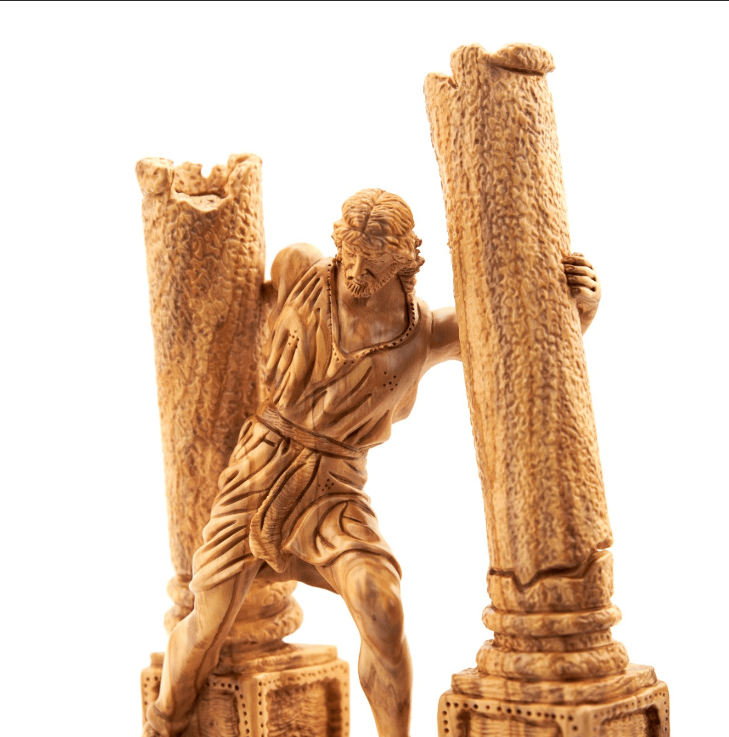 Hand Made Carving of Samson Destroying Two Pillars of the Temple Wooden with Unique Grain Patterns, Hand Carved from Olive Wood with Mahogany Base, Masterpiece Art Sculpture from the Holy Land