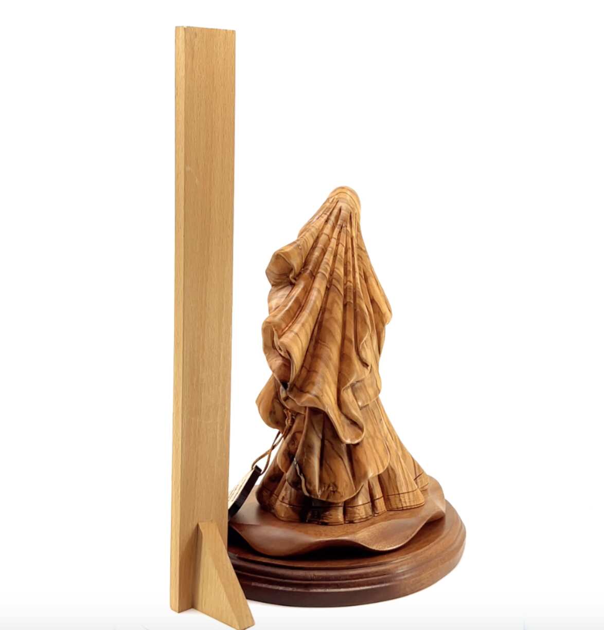 Virgin Mary olive wood statue from Bethlehem hand carved, 10 inch back view of the olive wood sculpture