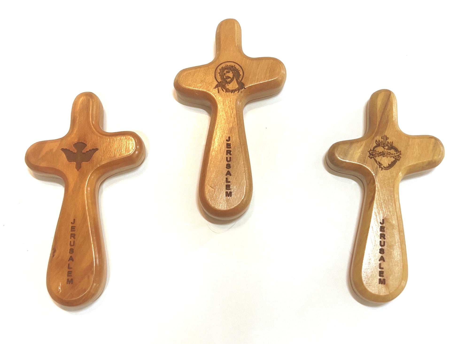Wooden Comfort Crosses, Engraved with Scared Heart of Jesus, Holy Spirit Dove, Christ Crown of Thrones, Made in the Holy Land from Olive Wood 