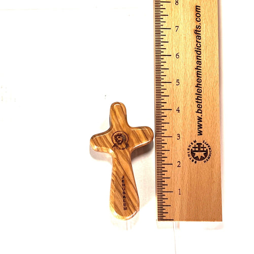 Crown of Thorns olive wood pocket cross from Bethlehem, 4.3 inch front view of the olive wood masterpiece