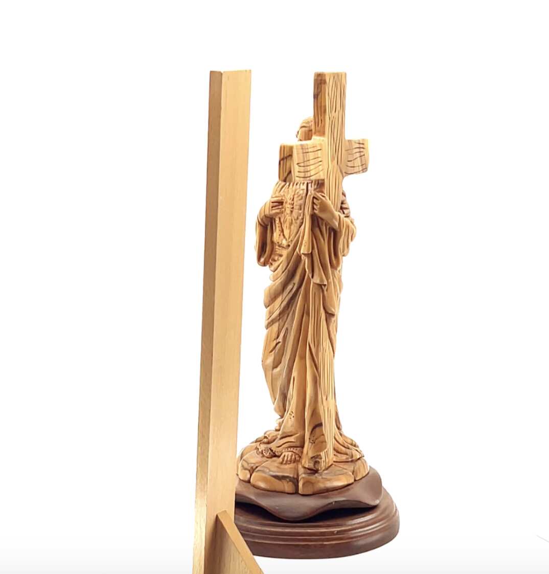 Jesus Christ "Holding Cross" Sculpture, 12.6" Holy Land Olive Wood Carving