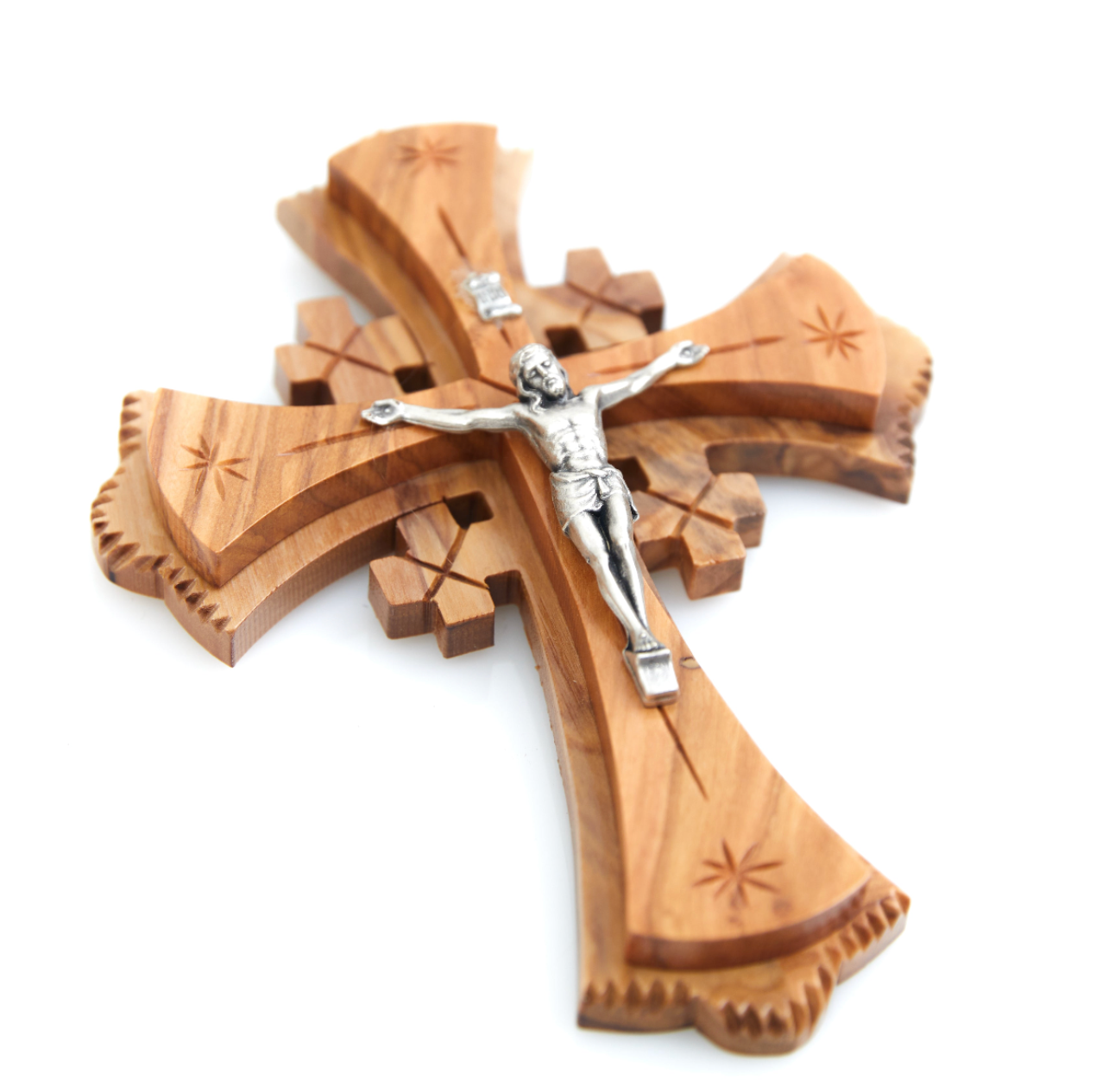 Wooden Crucifix, Wall Hanging Cross with Silver Plated Jesus Christ Corpus, INRI, Jerusalem Engraved on Back, Hand Made 