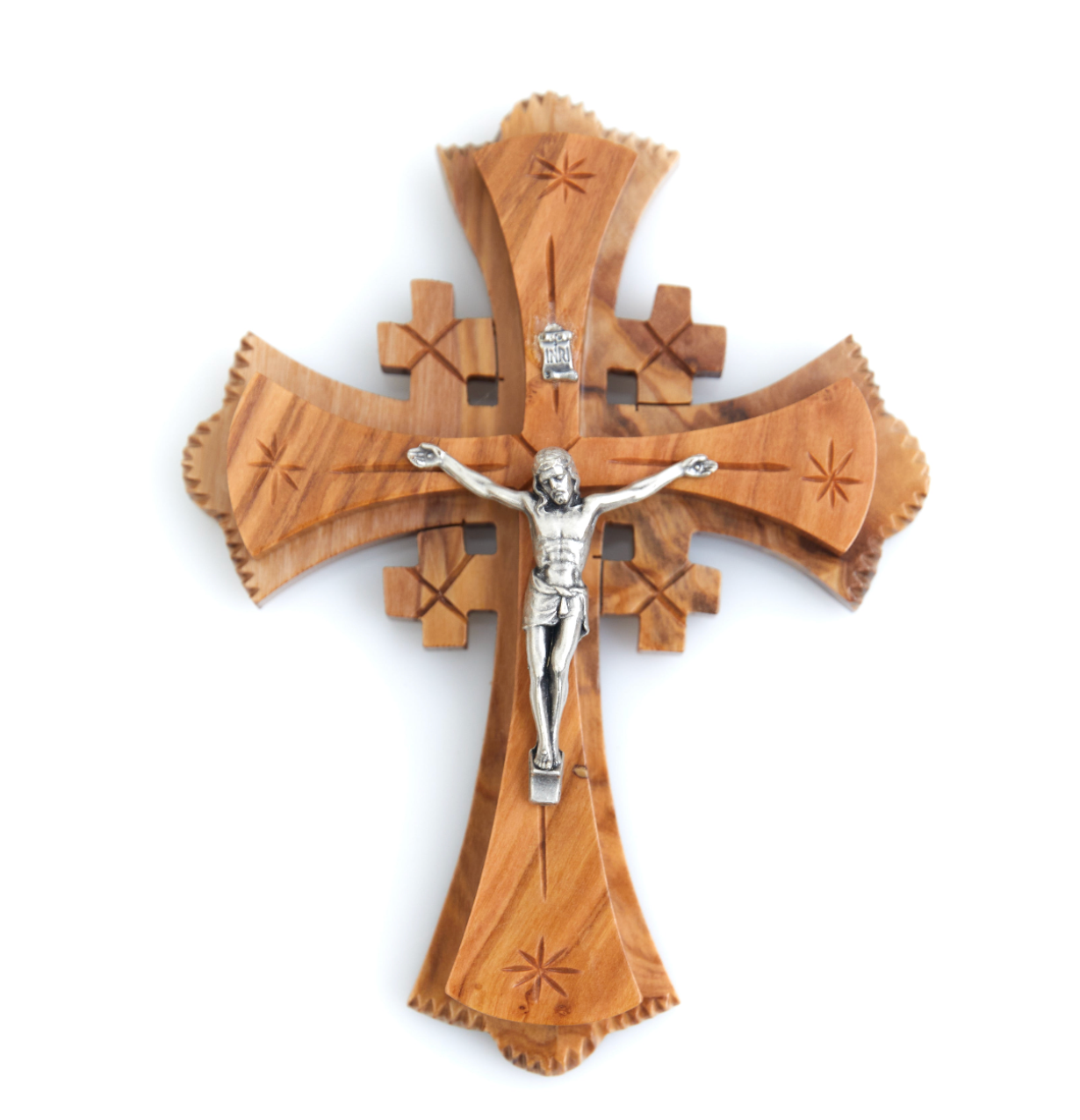 Wooden Crucifix, Wall Hanging Cross with Silver Plated Jesus Christ Corpus, INRI, Hand Made