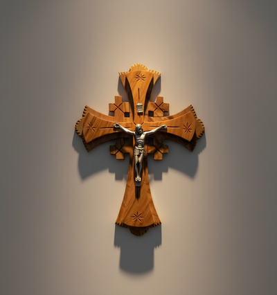 Wooden Crucifix, Wall Hanging Cross with Silver Plated Jesus Christ Corpus, INRI, Hand Made