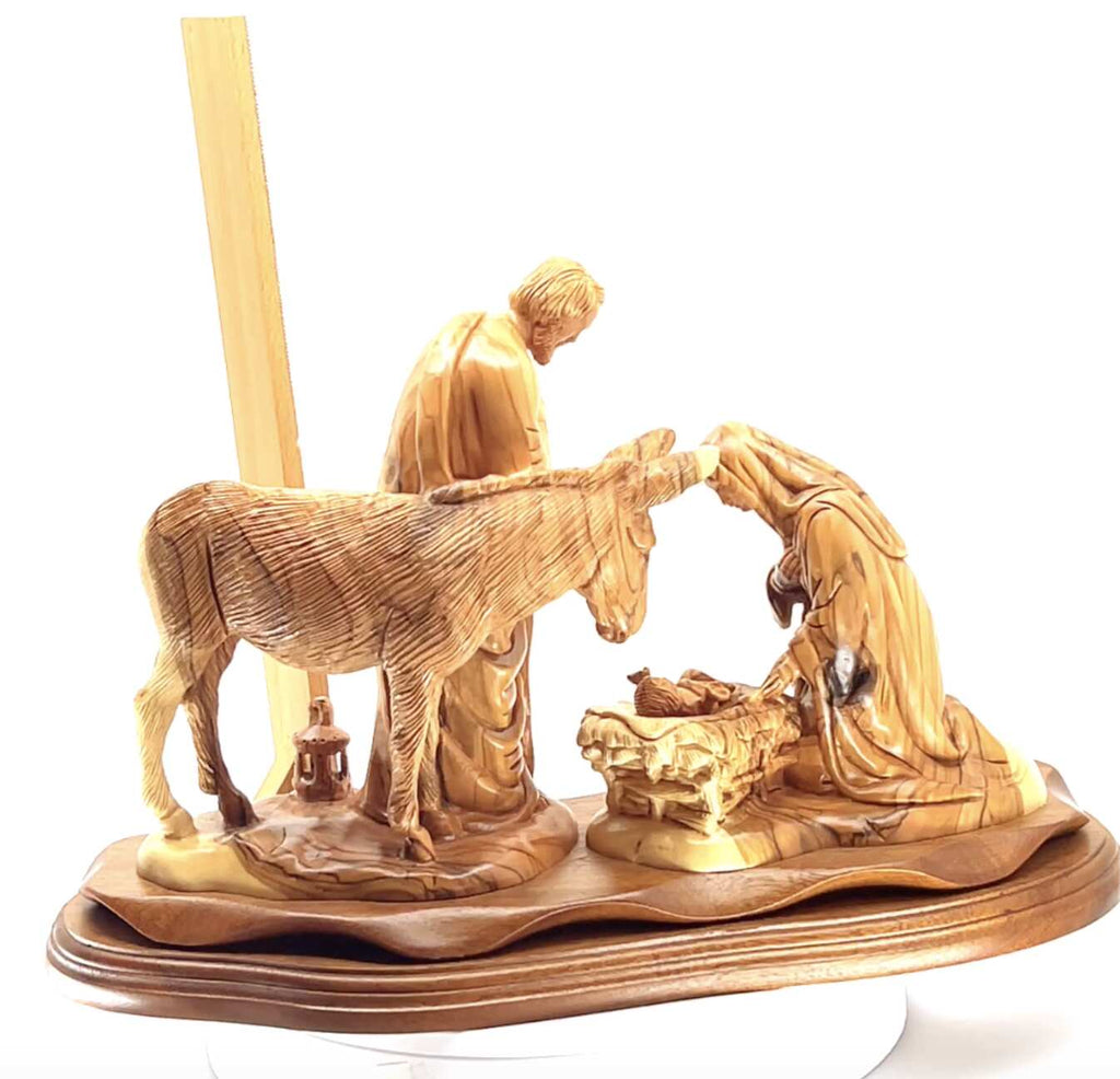 Olive wood nativity scene hand carved in Bethlehem, 15 inch close detail of the hand carved work