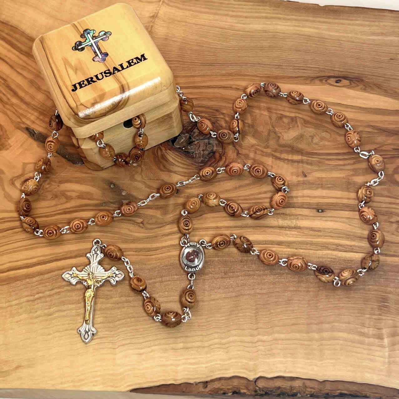 Grooved Wooden Bead Rosary, Centerpiece with Holy Land Soil