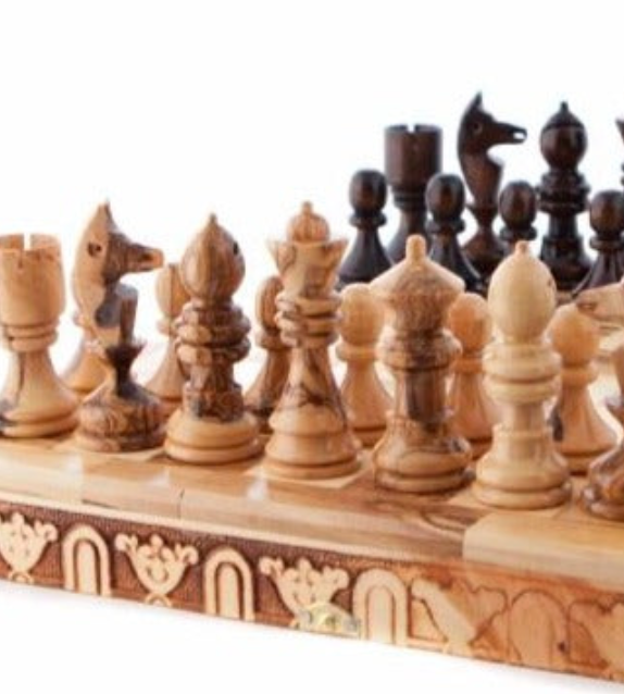 Unique Wooden Hand Made Chess Board and Hand Carved Chess Pieces, Made from Olive Wood, Folding Travel Size