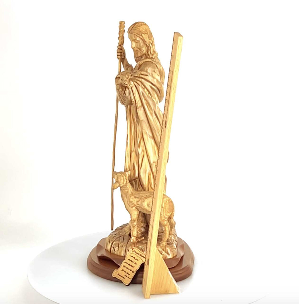 Good Shepherd statue hand carved from Bethlehem olive wood, 18.5 inch close detail of the hand carved work
