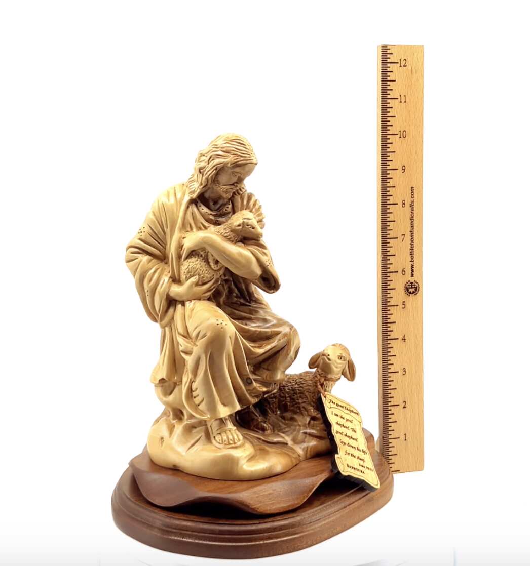 Good Shepherd statue hand carved from Bethlehem olive wood, 10.5 inch scale reference view