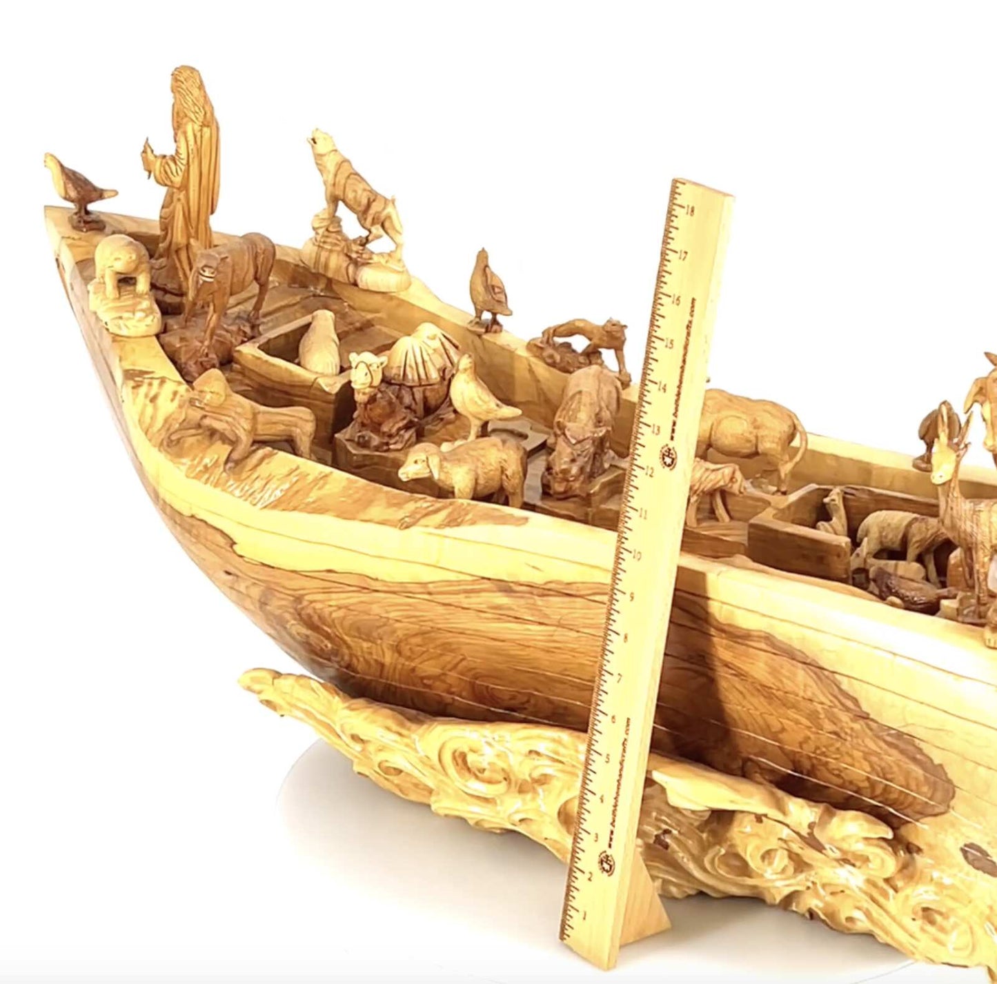 Noah's Ark with Carved Animals Figurines, 34" Long, Very Large Olive Wood Carving from Holy Land