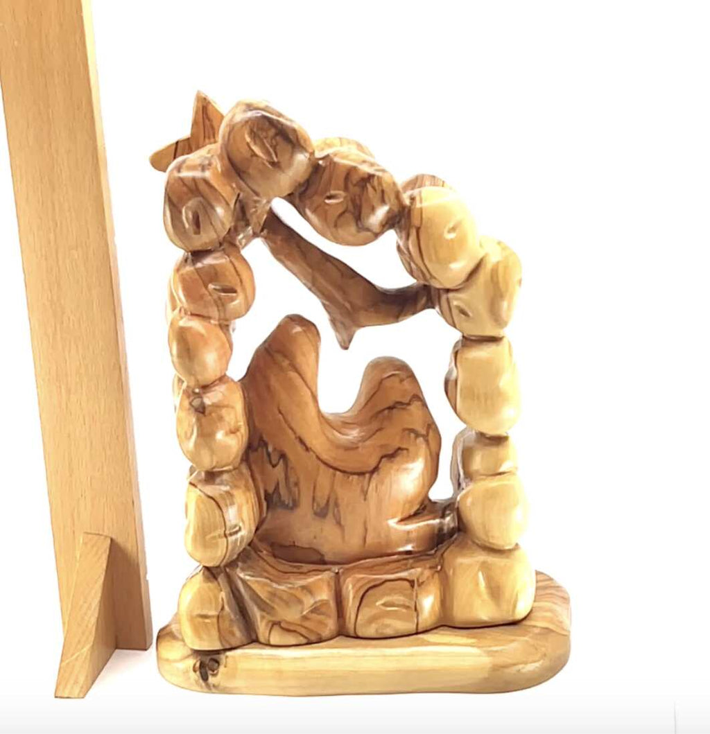 Olive wood nativity scene hand carved in Bethlehem, 8.7 inch back view of the olive wood sculpture
