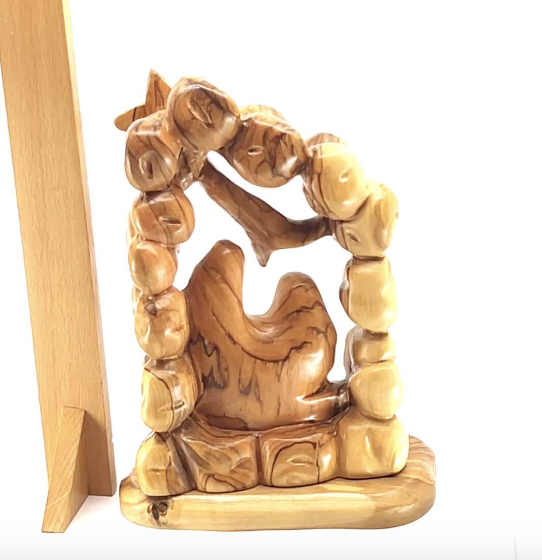 Olive wood nativity scene hand carved in Bethlehem, 8.7 inch back view of the olive wood sculpture