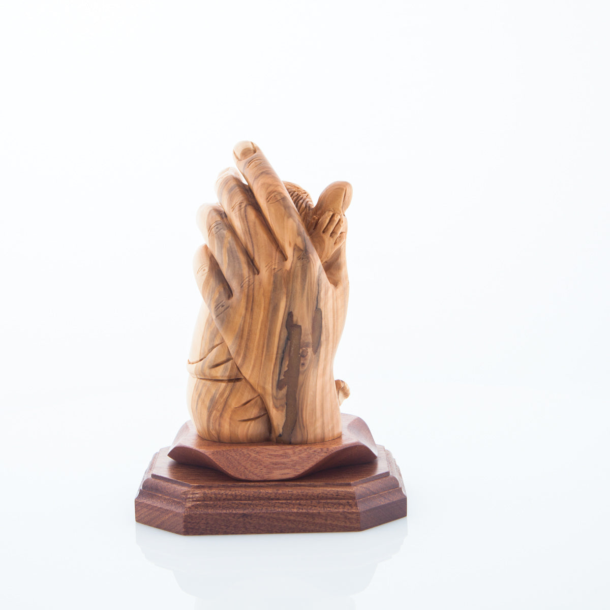 Boy Protected By The Hand of God Wooden Carving Sculpture Hand Made from Holy Land Olive  on Mahogany Dark Brown Base
