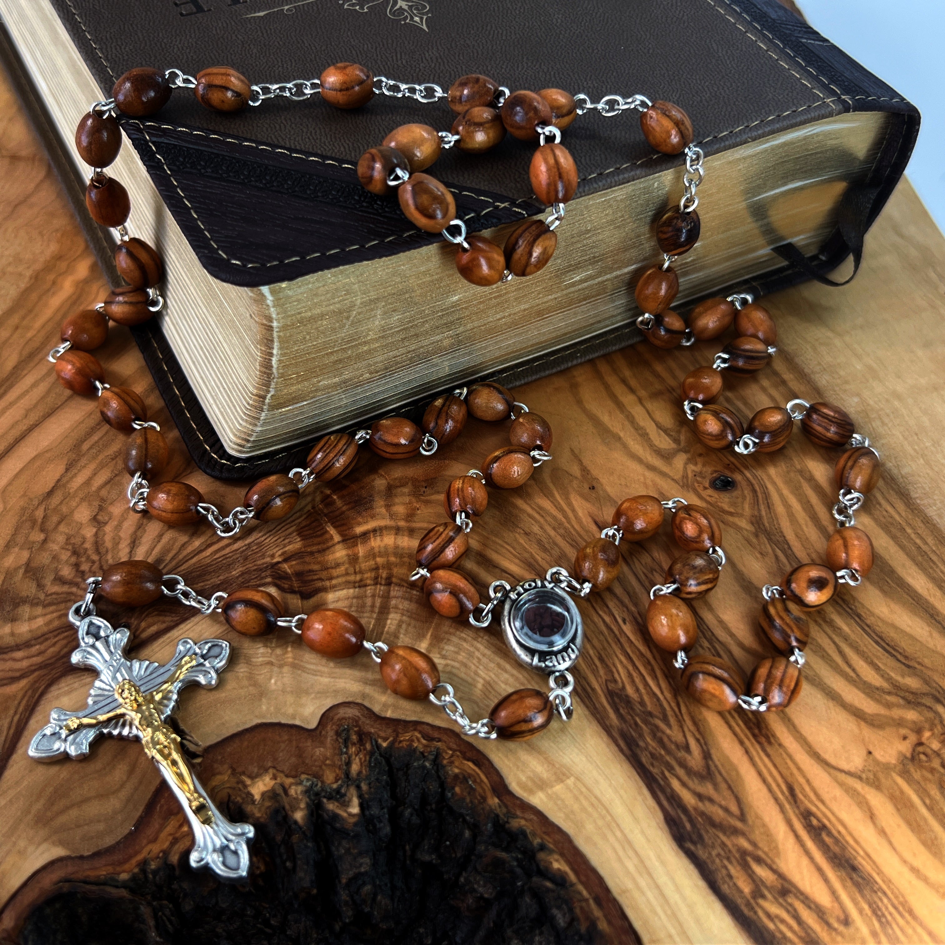 Rosary, Smooth Oval Beads, 16.5", Holy Land Olive Wood, Silver and Gold Plated Crucifix