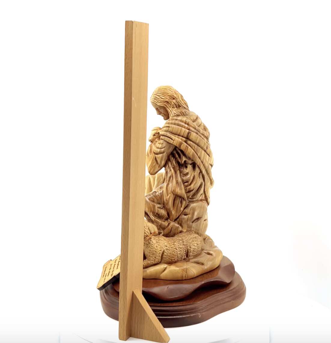 Good Shepherd statue hand carved from Bethlehem olive wood, 10.5 inch back view of the olive wood sculpture