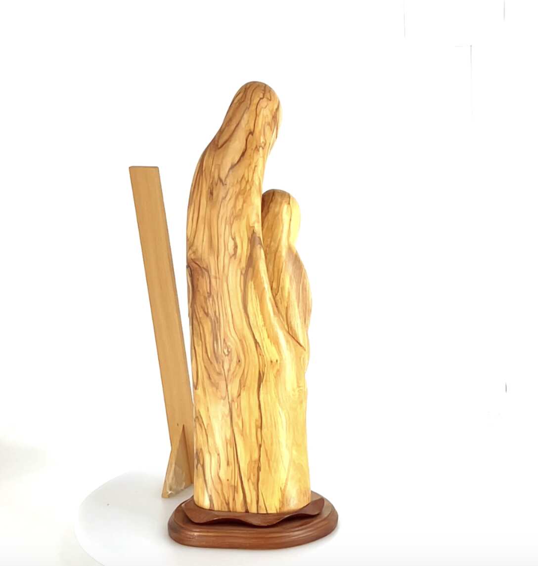 Nativity Scene Sculpture with Holy Family, 23.3" Abstract Statue, Hand Carved Olive Wood