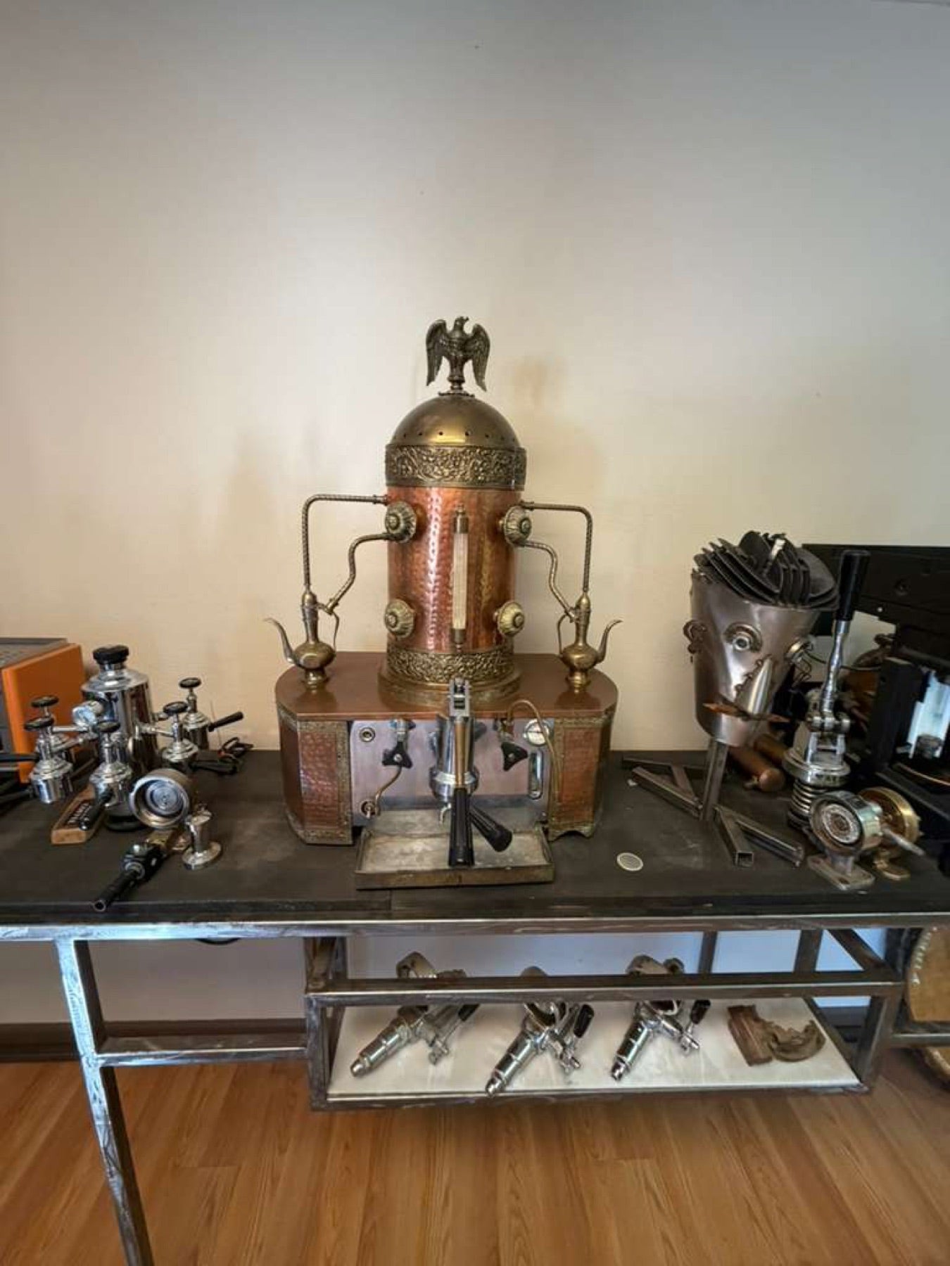 Antique copper espresso machine in the roastery